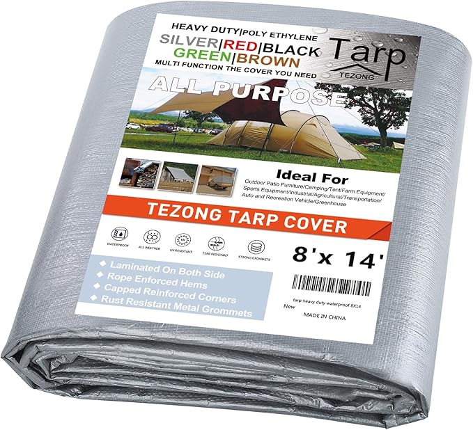 Tarps Heavy Duty Waterproof 8x14ft,Silver Plastic Tarps Large Multipurpose Outdoor Tarp Cover Thick Poly Tarpaulin 12MIL for Emergency Rain or Sun, Roof, Patio Furniture, Firewood, Canopy