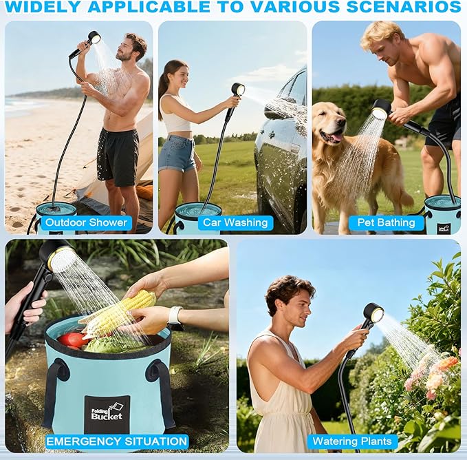 Portable Shower for Camping with 20L Foldable Bucket, 5 Pressure Levels Rechargeable Camping Shower Pump with Camping Light & Intelligent LED Display, 6000mAh Outdoor Shower for Hiking, Travel, Car