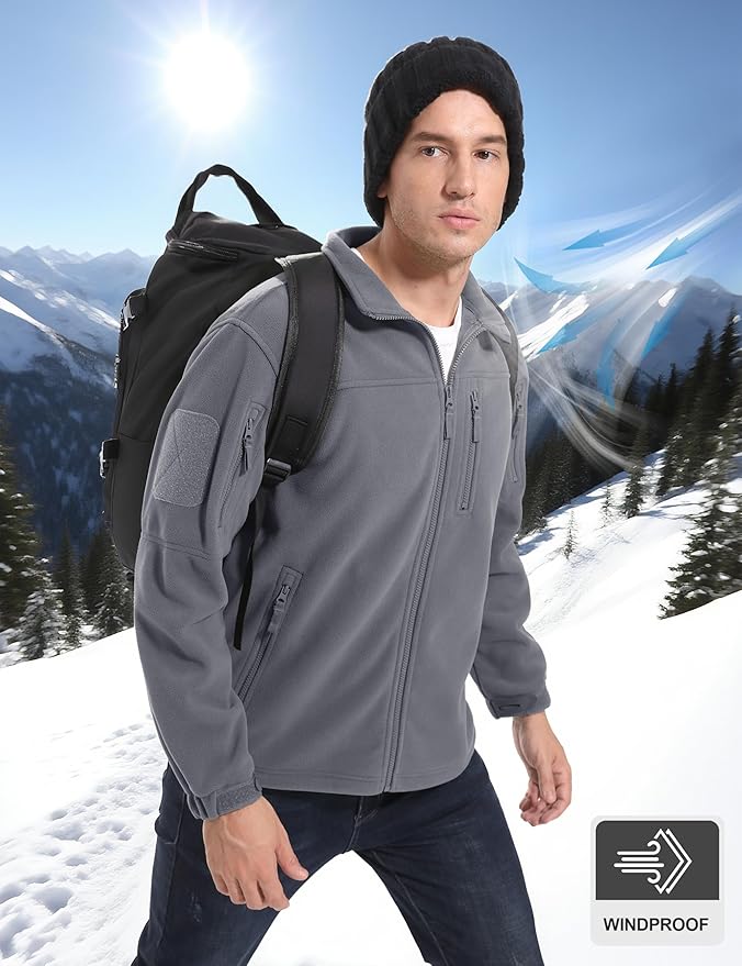 CRYSULLY Men's Fleece Jacket Tactical Full-Zip Winter Coat Jackets Multi Pockets