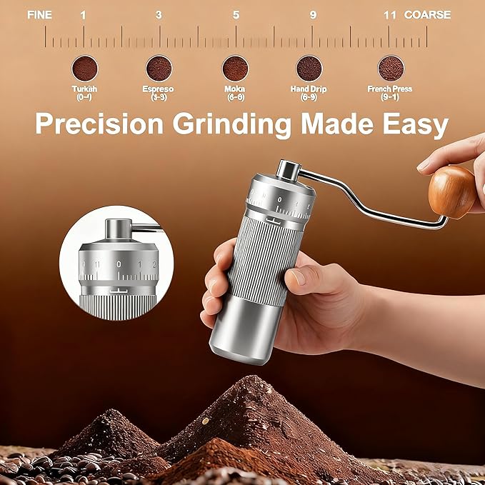 Manual Coffee Grinder by Suvykep — 6 Star Coffee Grinder Manual with 25g Capacity, CNC Stainless Steel Espresso Grinder with 55 Grind Settings — For Espresso, French Press, Pour Over (Silver)