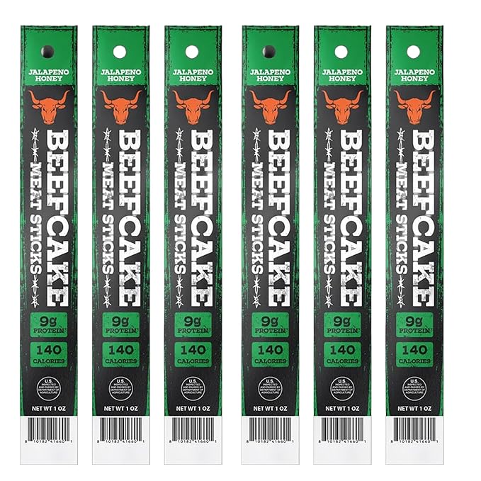 Beefcake Jerky Honey Jalapeño Meat Sticks, Sweet Heat Beef Protein Snacks, 8g Protein Zero Sugar, Gluten Free Spicy Keto Snack, Gourmet Honey Jalapeño Flavor- 6 Sticks