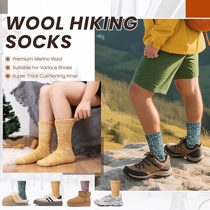Eyean Merino Wool Socks Thermal Winter Ski Warm Thick Cozy Boot Hiking Socks for Women Men 3 Pairs