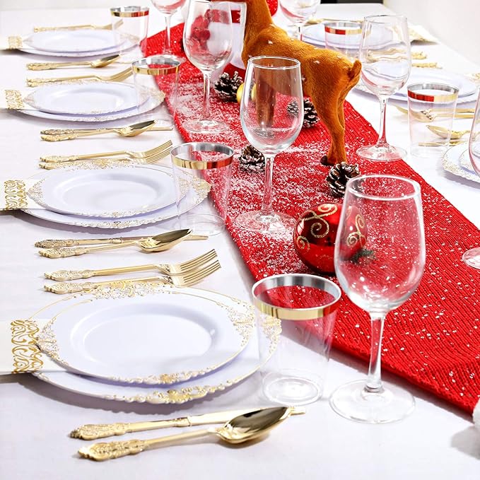 Nervure 175PCS White and Gold Plastic Plates - Disposable Dinnerware Set Include 50 Gold Plates for Dinner and Dessert, 75 Cutlery, 25Cups 25Napkins for Wedding & Party & Thanksgiving