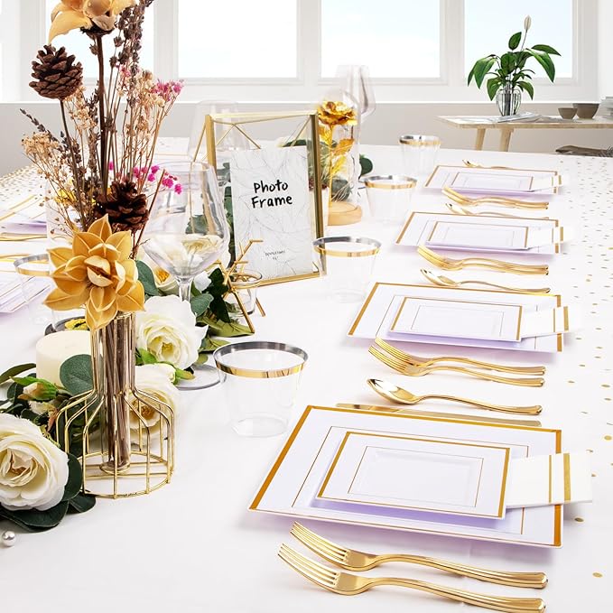 Festiva 176Pcs Gold Plates Disposable - Square Party Plates Dinnerware Sets - include Cups,Plastic Cutlery,Hand Napkins,Tablecloth for 25 Guests Party&Wedding&Christmas&Thanksgiving