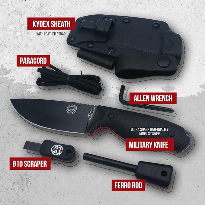 Holtzman's Gorilla Survival Bloodline Fixed Blade Knife with Sheath - Full Tang 1095 High Carbon Steel - Outdoor Bushcraft & Hunting Knife for Survival Gear