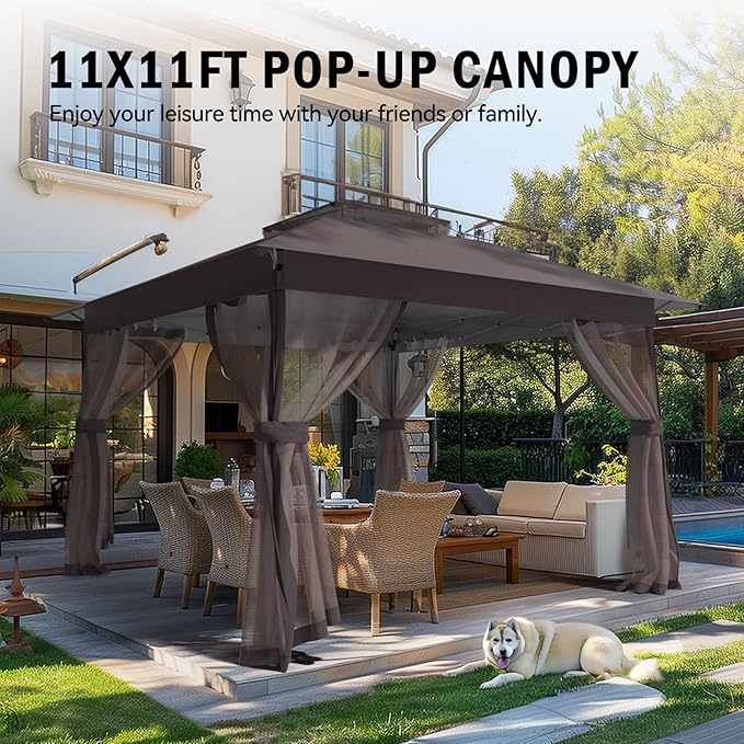 Pop Up Gazebo 11x11 - Outdoor Canopy Tent with Mosquito Netting & Wheeled Carry Bag, Double Roof Gazebos for Backyard Party Garden Wedding Camping (Brown, 11x11)