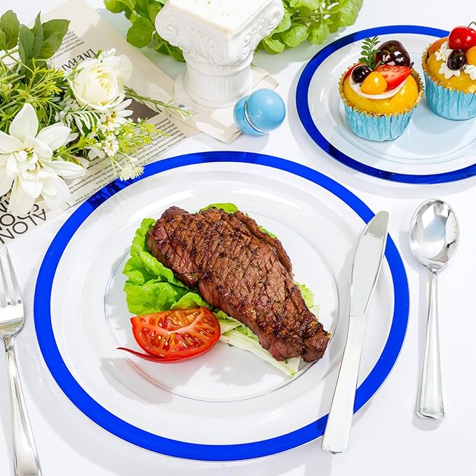 U-QE 120pcs Royal Blue Plastic Plates - Blue Disposable Plates Heavy Duty - Includes 60 10" Dinner & 60 7" Dessert Plates for Party, Birthday