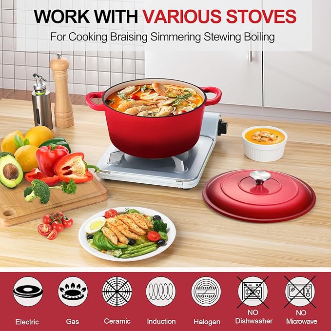 P&P CHEF 5QT Enameled Dutch Oven, Cast Iron Dutch Oven Pot with Lid for Bread Baking, Enameled Casserole Pot for Roasting Braising Stewing Frying Simmering, Various Stoves & Easy Clean, Red