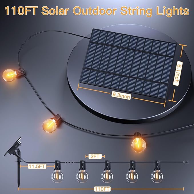 Ollny 110FT Solar String Lights for Outside, Waterproof Remote Control Dimmable Timers 3Modes Outdoor Light with 50 LED + 2 Spare Shatterproof Bulb, G40 Hanging Lights for Patio Pool House Garage