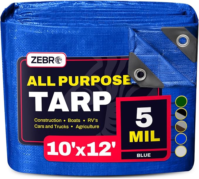 10' x 12' Blue Tarp with Grommets Reinforced - 5 Mil Thick - Durable UV Resistant Plastic Tarps Waterproof - Large Tarpaulin Cover for Outdoor Camping Over/Under Tent Tarp RV Roof Rain - Zebro