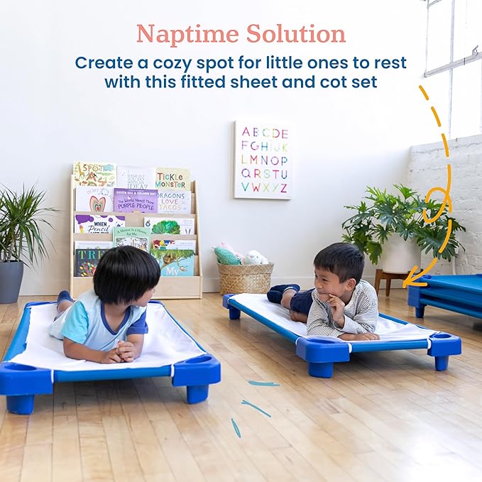 ECR4Kids Stackable Kiddie Cot with Sheet, Standard Size, Classroom Furniture, Blue, 6-Pack
