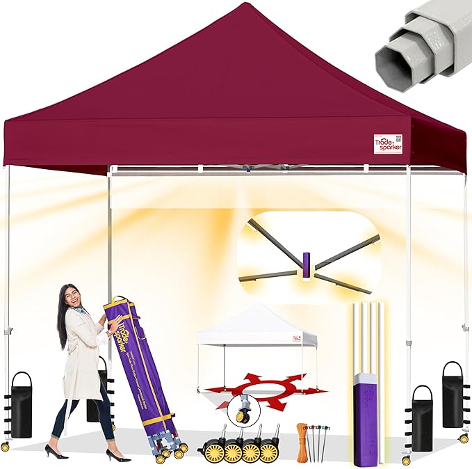 Tradesparker 10x10 Pop Up Canopy Tent,Easy up Commercial Canopy Tent Instant Shelter for Beach Events Parties Camping Market,Pop Up Canopies with LED Curtain+Casters+Weight+Stakes,Burgundy