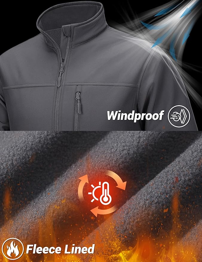 TACVASEN Men's Lightweight Softshell Jacket Fleece Lined Waterproof Tactical Rain Zip Up Winter Coat Windbreaker Casual