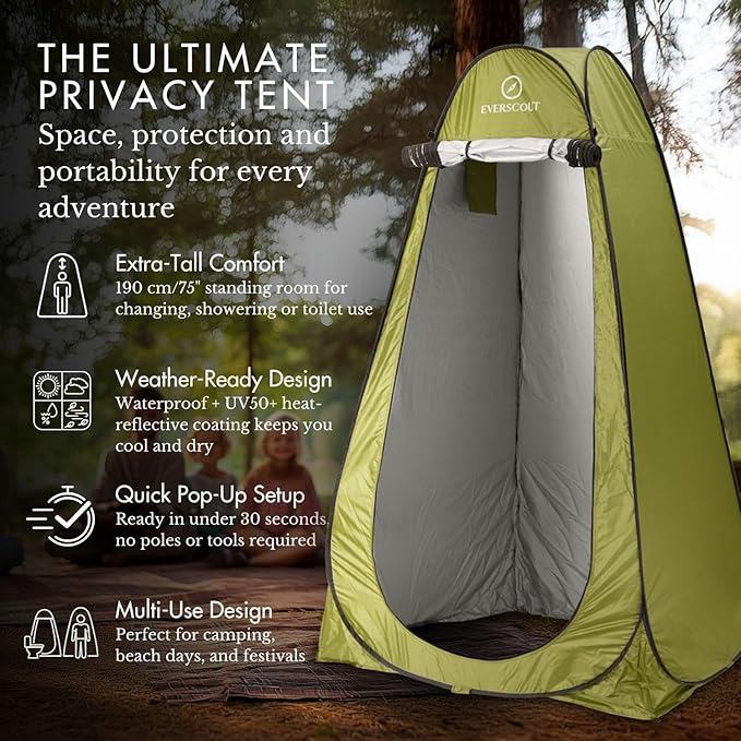 Portable Pop-Up Privacy Tent – Green. Outdoor Shower, Toilet, and Changing shelter. Water-Repellent, Compact, UV-Protective. Ideal for Camping, Beach, Hiking, and Festivals. Carry Bag Included