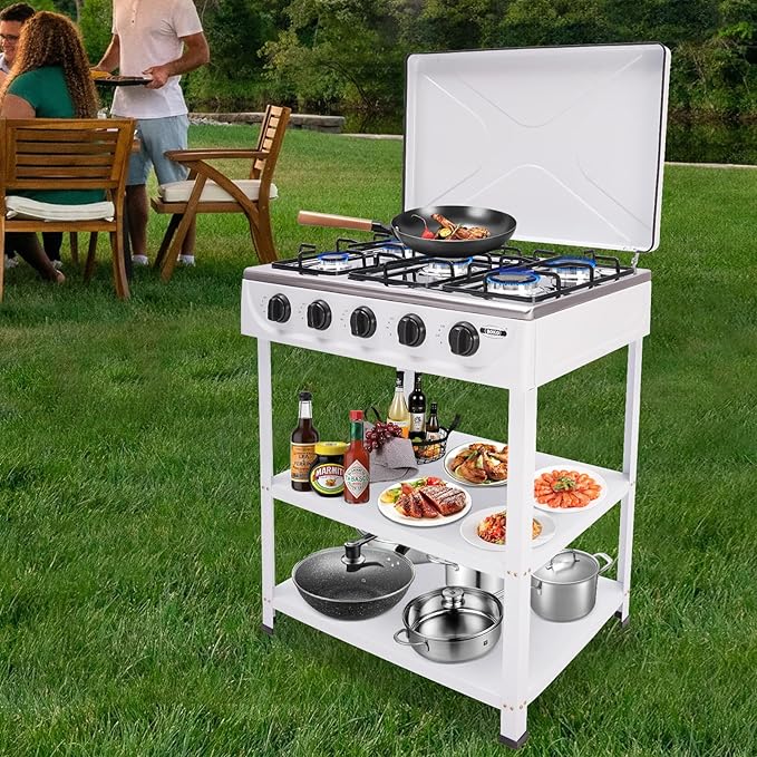 Natural Gas Stove, Outdoor 5-Burner Stove, Portable Natural Gas Stove with 2 Placement Boards and Windshield for Outdoor Camping, Fishing, RV Travel (White)