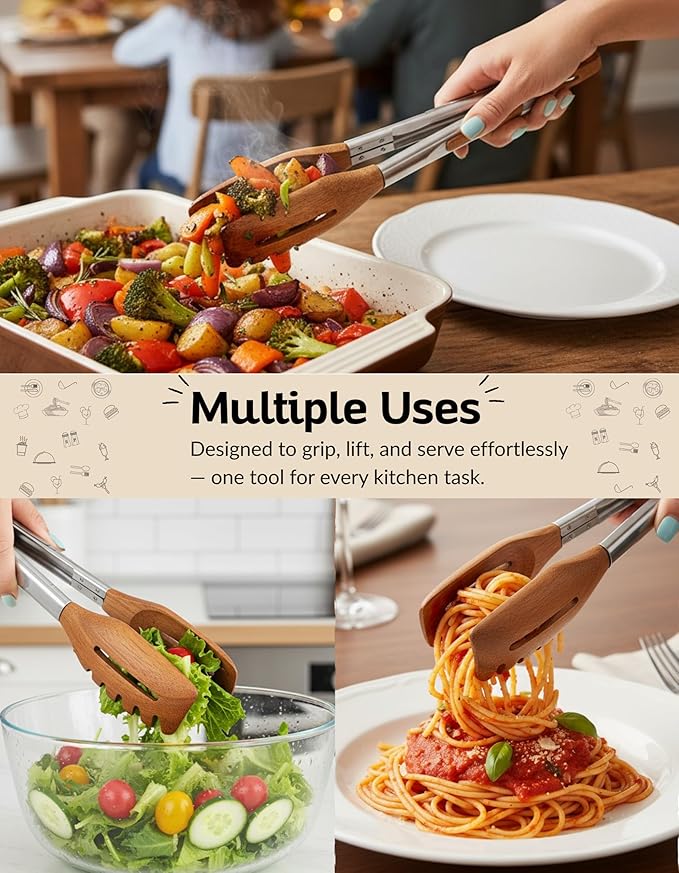 3-in-1 Kitchen Tongs & Pasta Server – 12 Inch Walnut Multifunction Tongs with Slotted Forked & Flat Tips for Pasta, Salad, Grilling and More – Elegant, Heat-Resistant Food Tongs for Home Cooks & Chefs