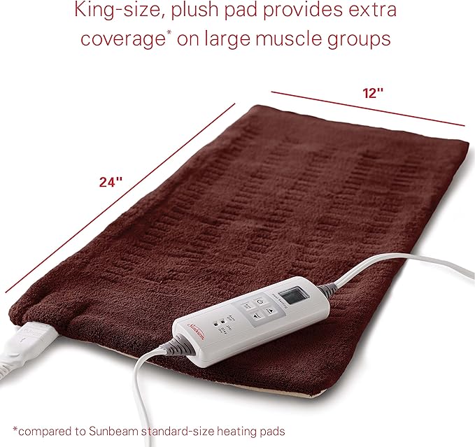 Sunbeam XL Back Neck and Shoulder Heat Therapy 12 x 24 with Auto Shut Off 6 Settings Machine-Washable Comfortable Microplush Fabric - Burgundy