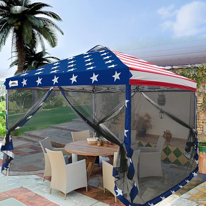 EAGLE PEAK 10x10 Outdoor Easy Pop up Canopy with Netting, Instant Screen Party Tent with Mesh Side Walls, American Flag