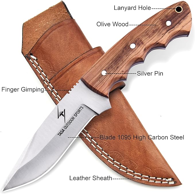 Fixed Blade Knife – Handmade 9" Skinner Hunting Knife For Men With Olive Wood Handle, 1095c Steel Full Tang Bushcraft Knife With Sheath, For Camping, Survival and Outdoor Use