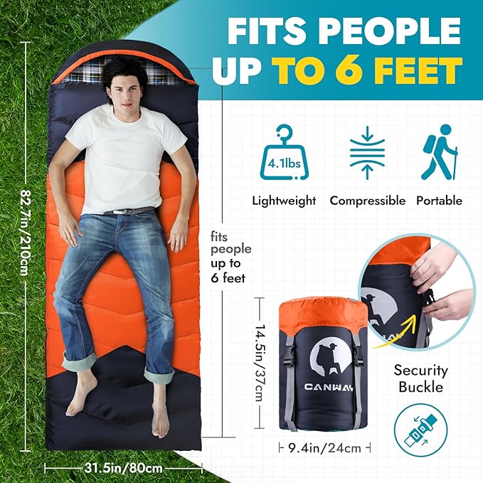 CANWAY Flannel Sleeping Bag for Adults & Kids - Camping & Backpacking - Cold & Warm Weather - Compression Sack