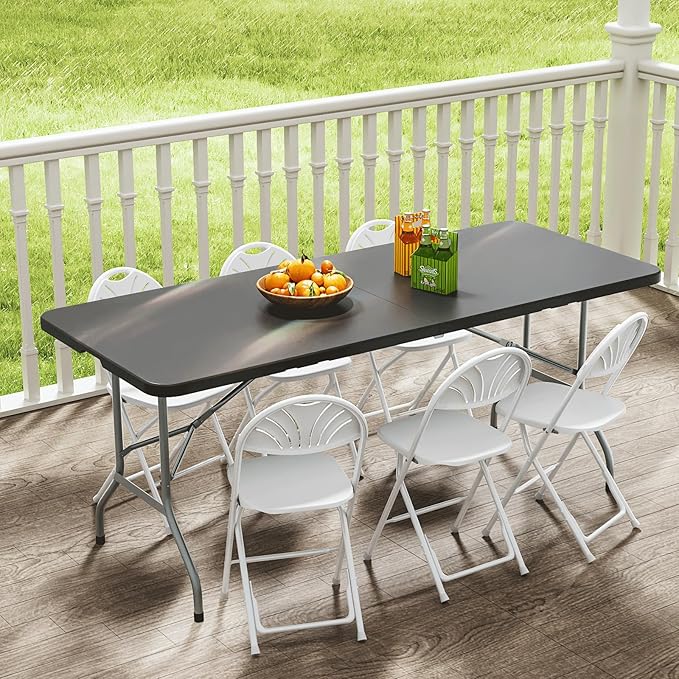 72' Folding Table, Collapsible Camping Table, Rectangular Picnic Table with Steel Frame, Stable Legs Design, Easy Carry and Storage, Plastic Outdoor Folding Tables for Indoor Outdoor, Black
