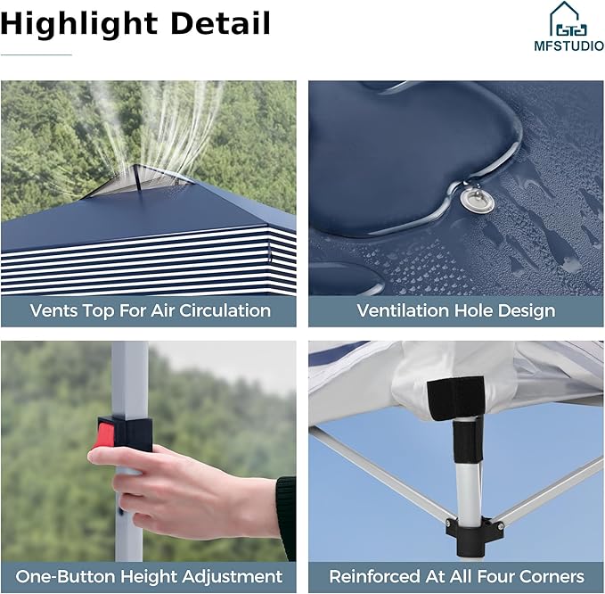 MFSTUDIO 10x10 Pop Up Canopy Tent, Gazebo Shelter Sun Shade Canopies Waterproof Patio Portable Popup Tents for Beach,Parties,Camping,100 Sq,Blue Stripe