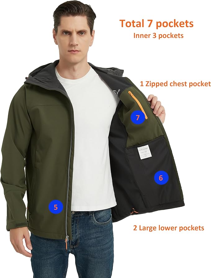 Men's Waterproof Softshell Rain Jacket, Hooded Windbreaker 7 Pockets, Lightweight Shell for Outdoor Activities