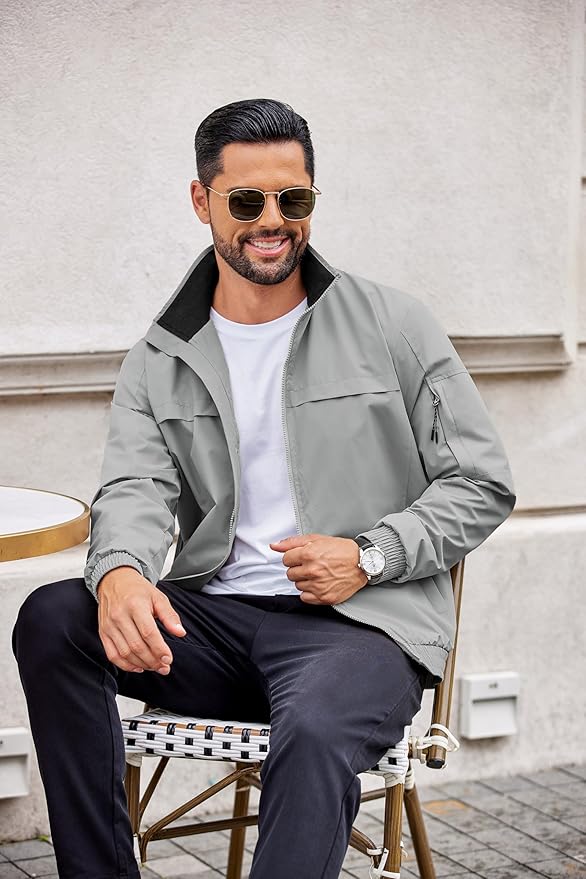COOFANDY Mens Lightweight Bomber Jackets Stand Collar Windbreaker Softshell Jacket Zip Up Coat for Fall Outdoor
