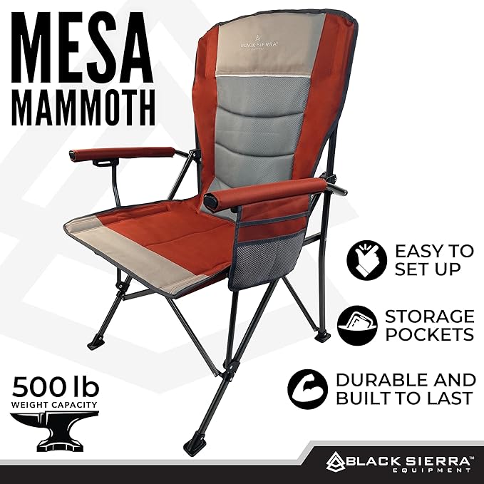 Black Sierra Oversized Camping Chair for Adults – Heavy Duty Folding Lawn & Beach Chair Supports 500 lbs, Hard Arms, Durable Steel Frame, Cup Holder, Portable Outdoor Seat for Tailgating or Patio