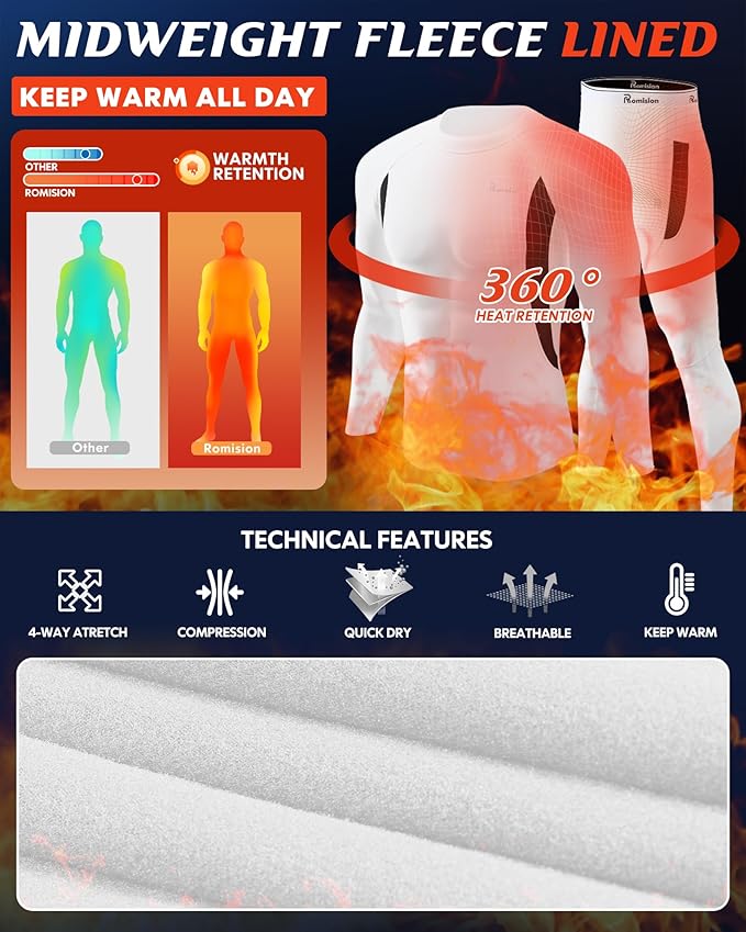 romision 2 Pack Thermal Underwear for Men Long Johns Fleece Lined Hunting Gear Bottom Top Set Base Layer Cold Weather XS-4XL