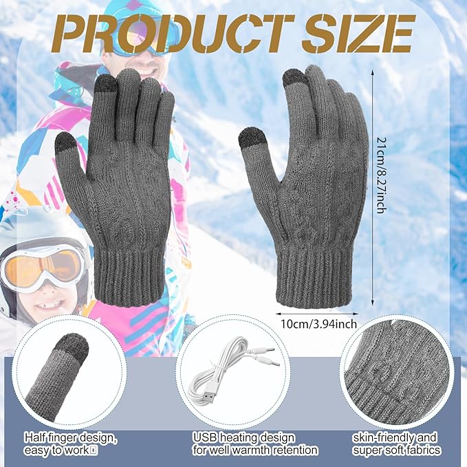 Bencailor 2 Pairs Usb Winter Heated Gloves Mitten Hand Washable Knitting Touchscreen Laptop Gloves