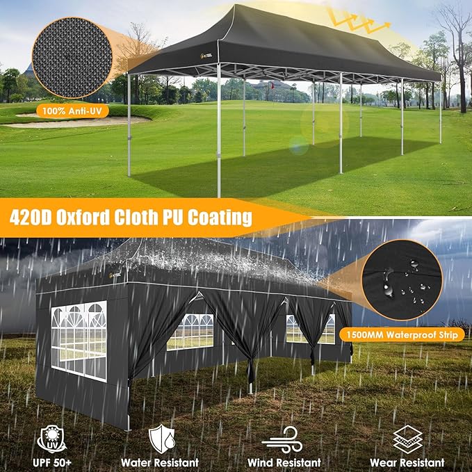 HOTEEL Tents for Parties 10x30 Pop Up Canopy Tent Heavy Duty with 8 Sidewalls, Commercial Party Tent Event Wedding Instant Canopy Waterproof with Carry Bag, UV 50+, Thicked Hexagonal Legs, Black