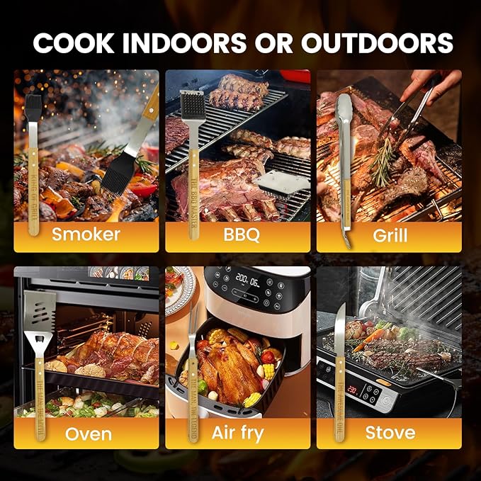 Grill Tool Set, Wooden Grilling Accessories, Heavy Duty Stainless Steel BBQ Grill Tools Set for Outdoor Grill with Spatula, Tongs Aluminum Case for Camping Backyard Barbecue, Grill Set for Men Women