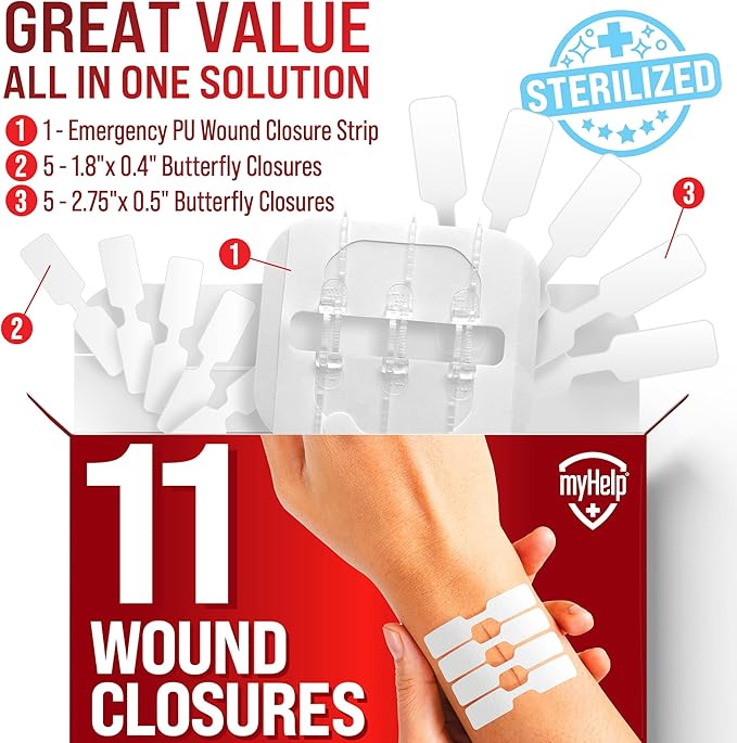 Emergency Wound Closure Strips - 11pk - 2 Types Easy to Use Butterfly Bandages - Stitchless & Painless Laceration Closure Kit