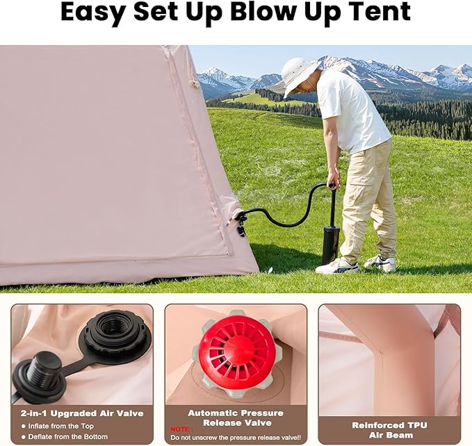 Inflatable Tents for Camping, Blow Up Tent with Hand Pump, Easy Setup InflatableTent 4 Season Tent, Waterproof Oxford Air Glamping Tents for Camping Adult 4/6/8 Person