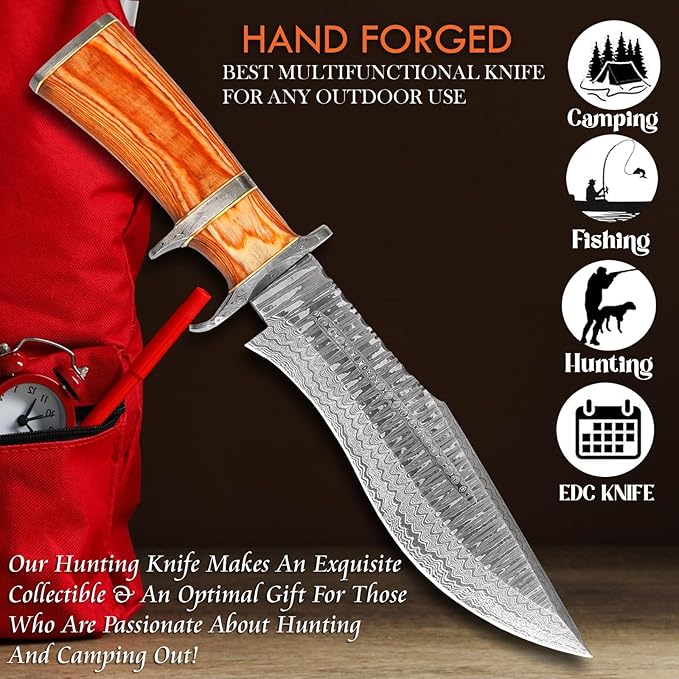 NOORAKI - 15″ Damascus Bowie Knife with Sheath | Hand Made Hunting Knife - Fixed Blade Long Bowie Knives - Ideal for Survival ,Chopping, Camping, Outdoor Gift for Men |Tactical Knife Wood Handle (Brown)