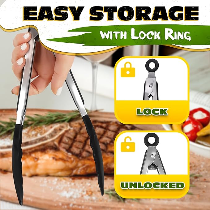 3Pcs Kitchen Tongs with Silicone Tips - Tong Set 7/9/12" | Silicone Tongs for Cooking Heat Resistant up to 480°F, Non Stick, Built-In Lock Ring - Stainless Steel Kitchen Utensils for Cooking & Serving