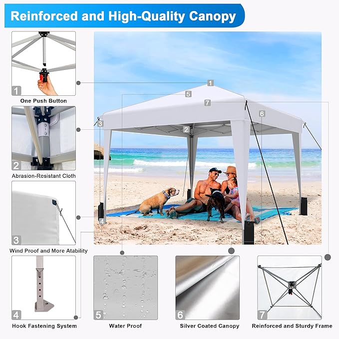SANWAY 10x10 Pop Up Canopy Tent, One-Button Easy Setup, Outdoor Sun Shade for Events, Camping, Parties, Beach Tent - Silver White (Silver White, 10'x10')