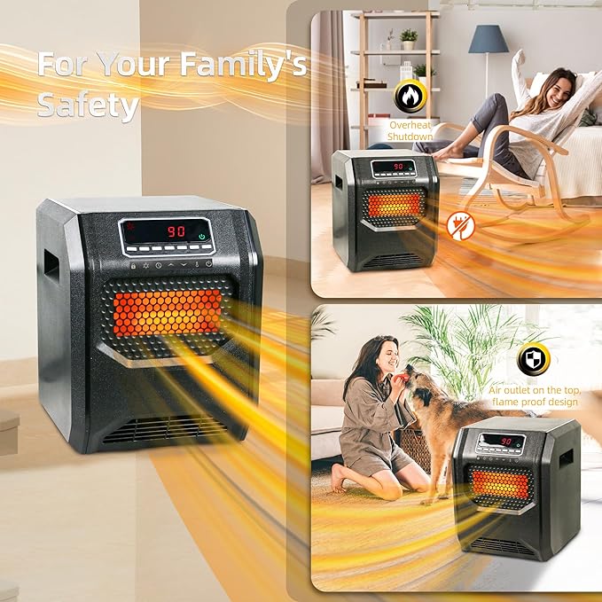 Comfort Portable Quart Infrared Heater for Indoor Use Realsmart 1500 W 3 Heating Mode LCD Display Remote Control Overheat Tip Over Protection Safe Electric Heaters for Large Rooms