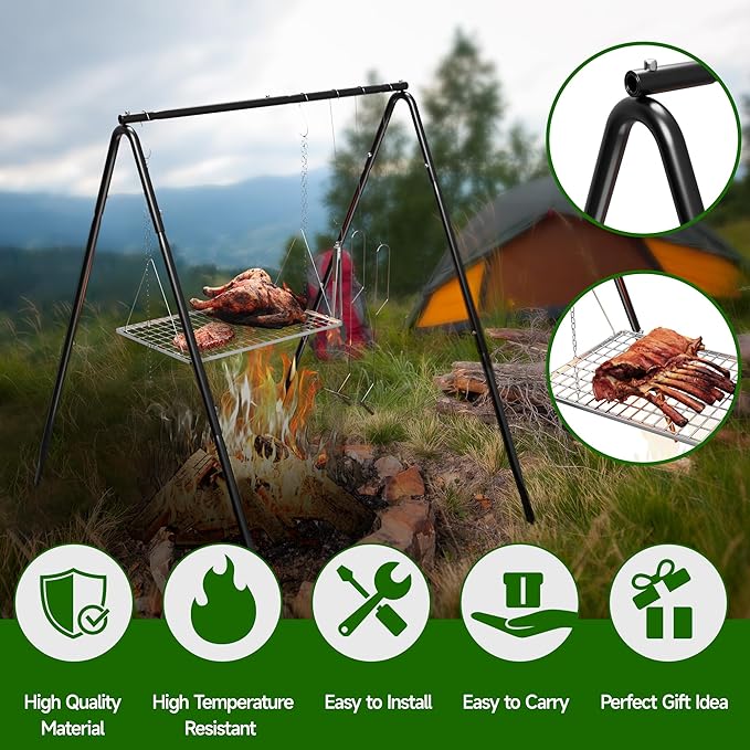 Campfire Tripod for Cooking, Portable & Collapsible Camping Cooking Tripod Grill with Round Grate for BBQ Picnic Outdoor Cookware Party (Swing Campfire Grill Stand)