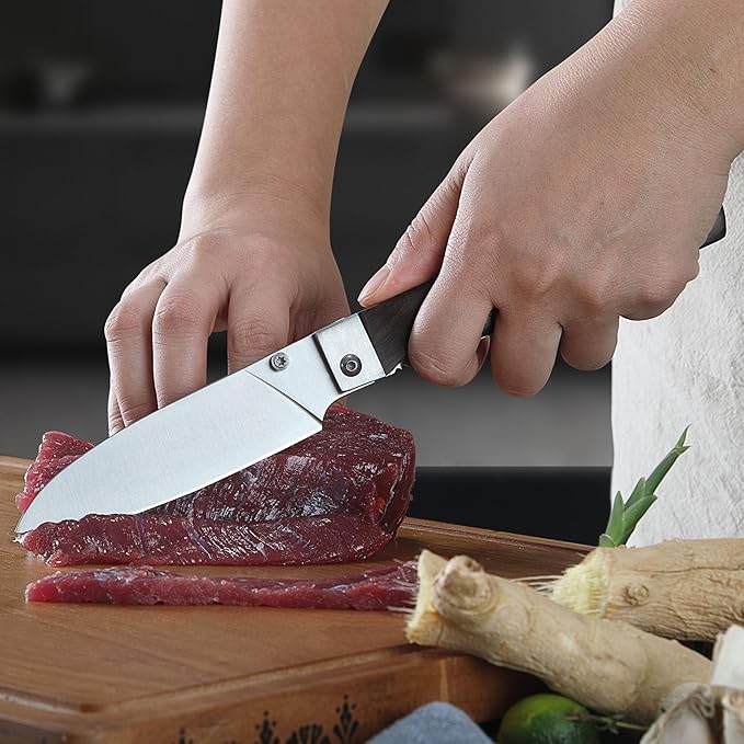 4.5-Inch Folding Kitchen Knife with Ultra Sharp 440A Stainless Steel Blade and Natural Olive Handle for BBQ, Peeling, Outdoor Camping