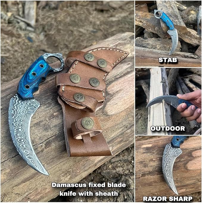 Handmade Damascus Steel Hunting Knife with Sheath | 7.5'’ EDC Fixed Blade Knives For Men and Women Demasticus Camping Survival Belt Knifes For Horizontal Carry with Blue Wood