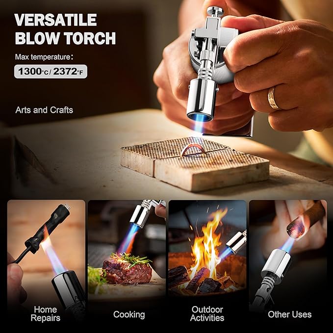 RAVS Butane Torch Lighter, Refillable Cooking Torch with Safety Lock and Adjustable Flame, Creme Brulee Torch for Baking, BBQ, White Mini Torch for Cooking, Gifts for Women, Butane Gas Not Included