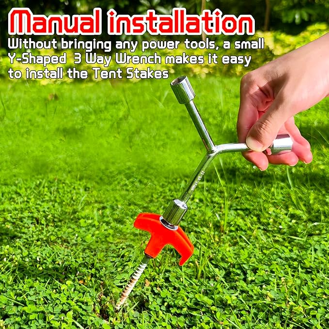 8" Screw in Tent Stakes - Ground Anchors Screw in, Camping Tent Accessories, Metal Threaded Tent Spikes, Tent Stakes for Outdoor Camping,Y-Shaped 3 Way Wrench (9)