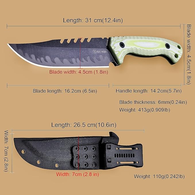 BA-KOR 12.4in Full Tang Fixed Blade Hunting Knife โ 6mm 9CR18MoV Steel, G10 Handle, Stonewashed Sawback Blade with Kydex Sheath & Fire Starter for Outdoor, Camping, Survival (White with light green stripes)