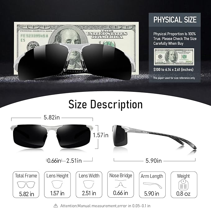 BIRCEN Polarized Carbon-Fiber Sunglasses for Men: Ultralight UV Protection Sun Glasses for Outdoor Sports Fishing Golf Hiking
