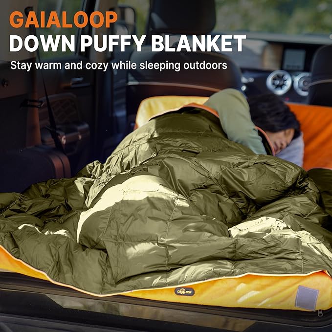 Down Puffy Blanket for 2 Person Car Camping Outdoor Travel Backpacking, 80% Duck Down & 20% Feather Lightweight Portable Soft Warm Cozy Camping Blanket Quilt, Olive Green