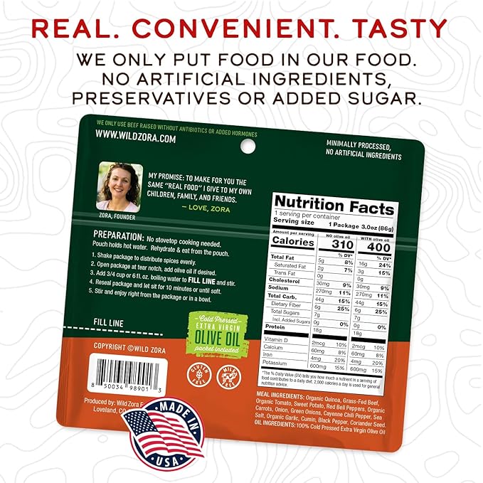Wild Zora Instant Organic Quinoa Meals - Quick & Tasty Prepared Quinoa Bowls, Pantry Staples Gluten-Free Meal with Lentils Plus 10g Olive Oil Packet - Fiesta Beef (3-Pack)