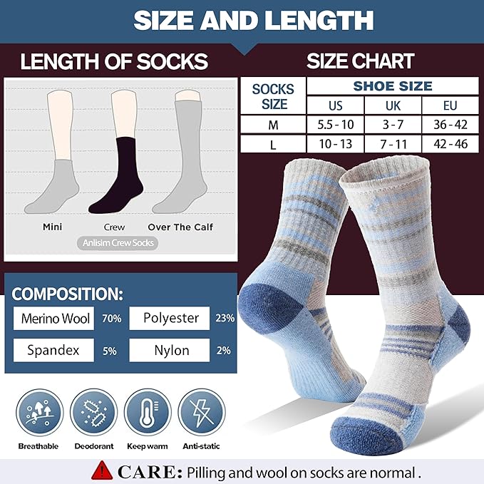 Anlisim Merino Wool Hiking Socks for Women Thermal Winter Warm Boot Work Cushion Socks 5 Pairs