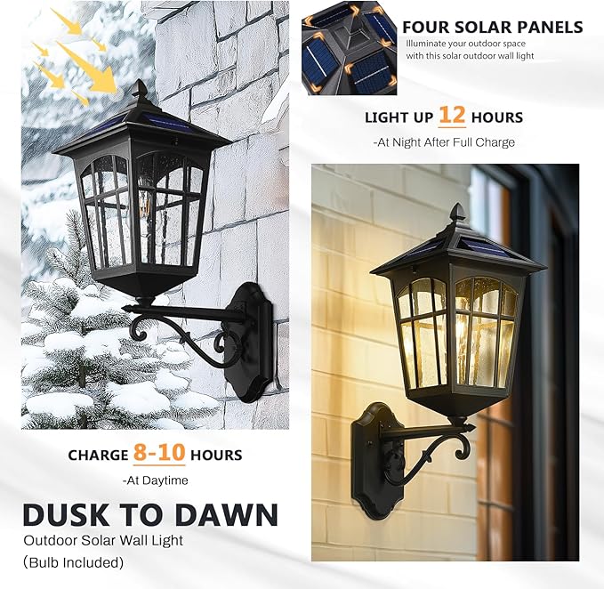 zeyu Solar Outdoor Front Porch Light, Large Outdoor Wall Mounted Light with Remote, Die-Cast Aluminum with Seeded Glass Shade, Black Finish, ZYX113B-M SL BK